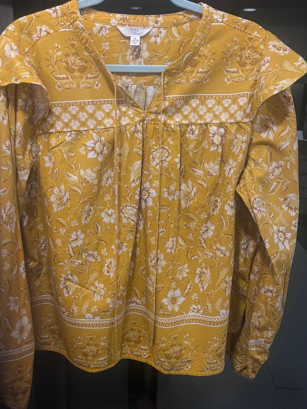 Time and Tru Mustard Floral Peasant Blouse